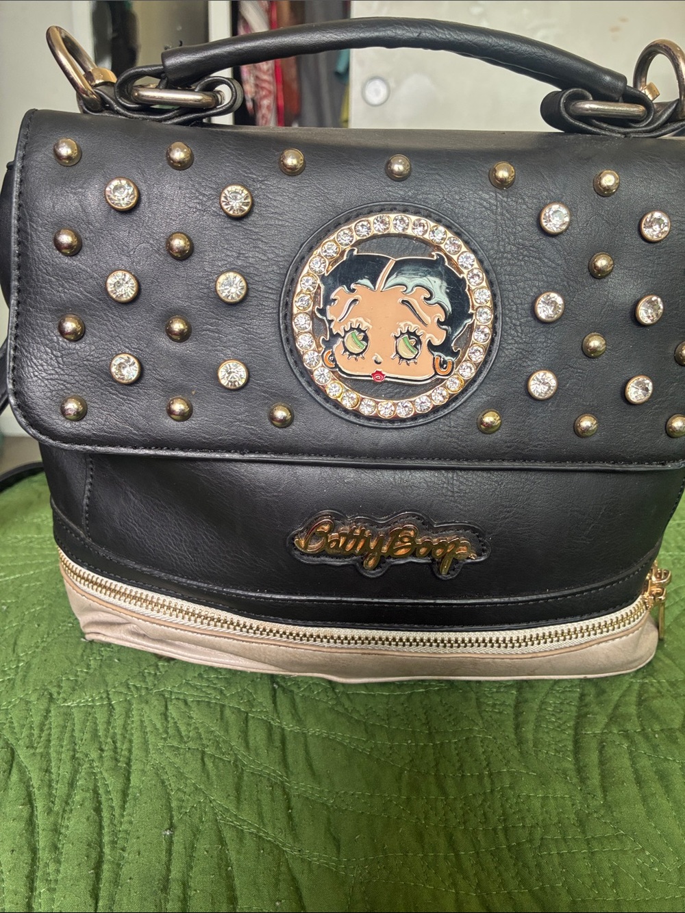Betty Boop Black and Beige Studded Mini Top-Handle Bag with Emblem